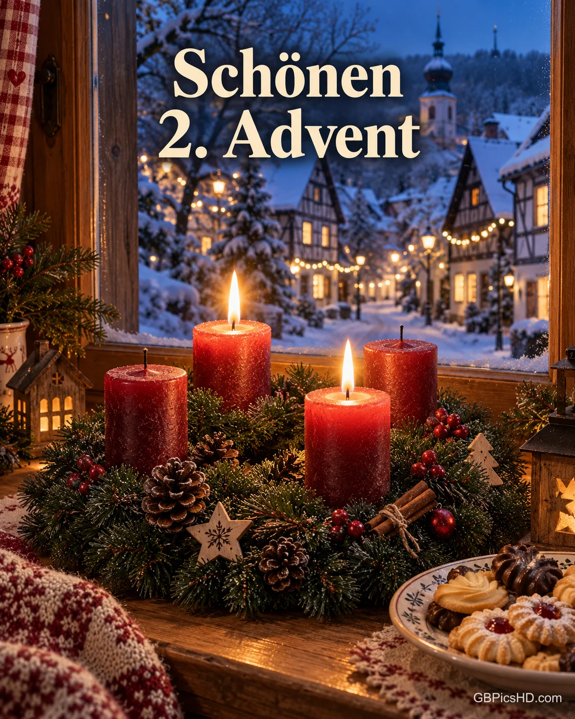 Ein Adventskranz mit zwei brennenden Kerzen und ein Teller Spritzgebäck auf der Fensterbank, draußen ein verschneites Fachwerkdorf mit Lichterketten, dazu „Schönen 2. Advent“.