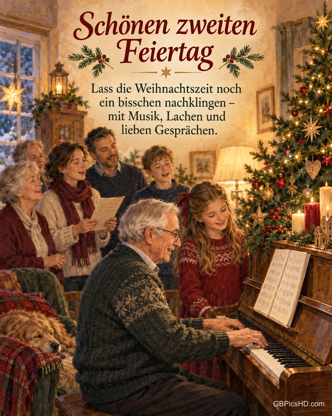 Ein Großvater spielt mit seiner Enkelin Klavier am Weihnachtsbaum, die Familie singt mit, dazu "Schönen zweiten Feiertag".