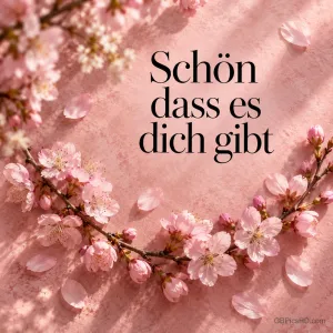 Zarte Kirschblütenzweige auf rosa Grund mit dem Text "Schön dass es dich gibt".