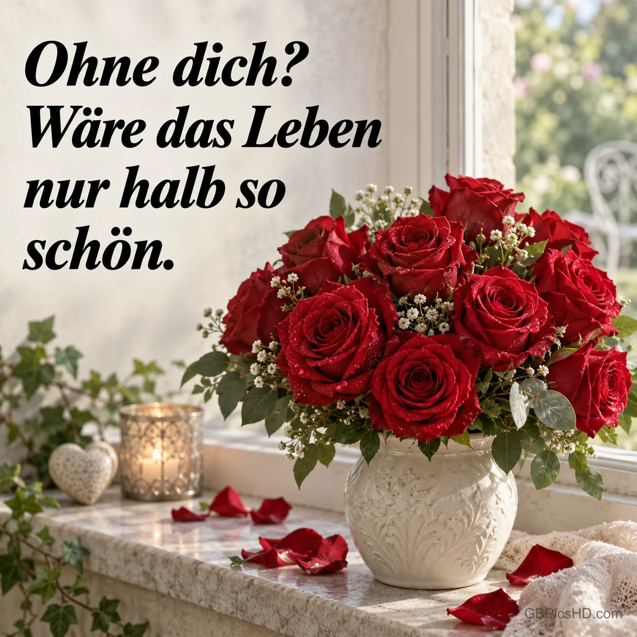 Strauß roter Rosen in einer weißen Vase am Fenster mit dem Spruch "Ohne dich? Wäre das Leben nur halb so schön." Strauß roter Rosen in einer weißen Vase am Fenster mit dem Spruch "Ohne dich? Wäre das Leben nur halb so schön."
