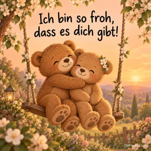 Zwei kuschelnde Teddybären auf einer Blumenschaukel mit dem Text "Ich bin so froh, dass es dich gibt!"