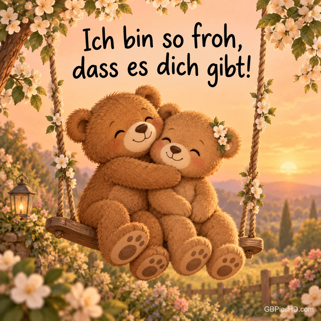 Zwei kuschelnde Teddybären auf einer Blumenschaukel mit dem Text "Ich bin so froh, dass es dich gibt!" Zwei kuschelnde Teddybären auf einer Blumenschaukel mit dem Text "Ich bin so froh, dass es dich gibt!"