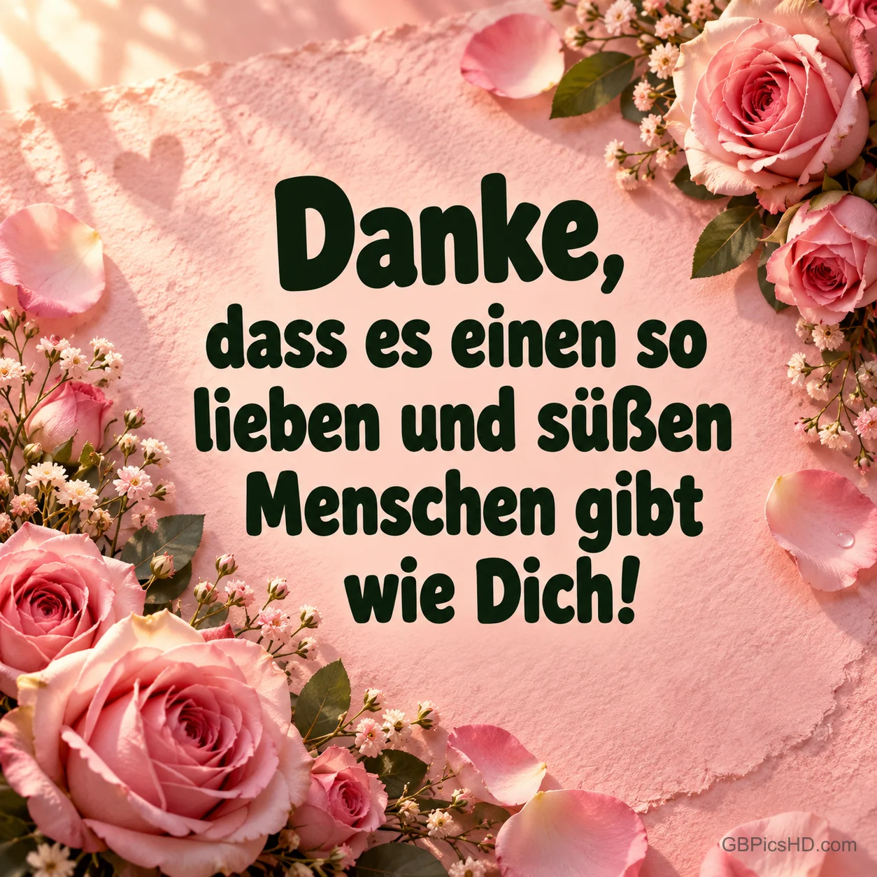 Rosa Rosen und Blütenblätter umrahmen den Spruch "Danke, dass es einen so lieben und süßen Menschen gibt wie Dich!" Rosa Rosen und Blütenblätter umrahmen den Spruch "Danke, dass es einen so lieben und süßen Menschen gibt wie Dich!"