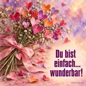 Ein Strauß aus bunten Papierherzen mit rosa Schleife und dem Text "Du bist einfach... wunderbar!"