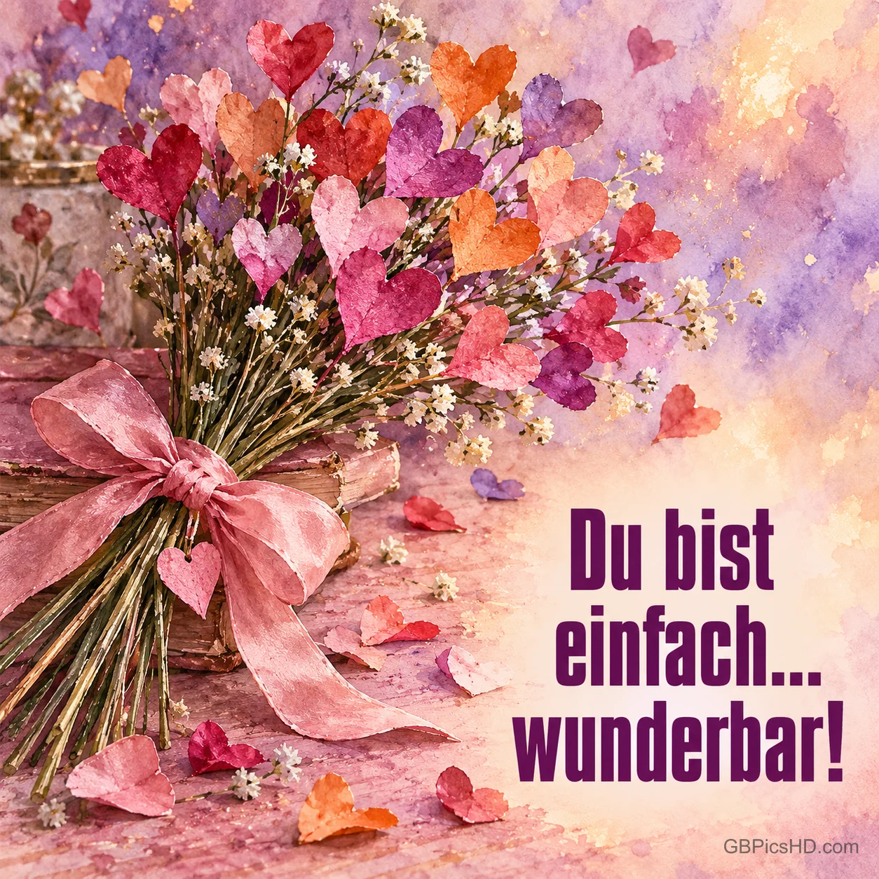 Ein Strauß aus bunten Papierherzen mit rosa Schleife und dem Text "Du bist einfach... wunderbar!" Ein Strauß aus bunten Papierherzen mit rosa Schleife und dem Text "Du bist einfach... wunderbar!"