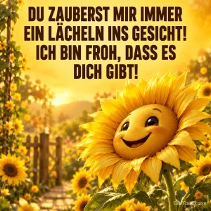 Lachende Sonnenblume in einem sonnigen Garten mit dem Spruch "Du zauberst mir immer ein Lächeln ins Gesicht! Ich bin froh, dass es Dich gibt!"