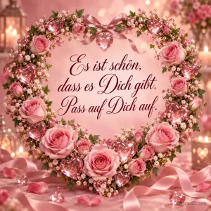 Herzförmiger Kranz aus rosa Rosen und Glasherzen mit dem Spruch "Es ist schön, dass es Dich gibt. Pass auf Dich auf."