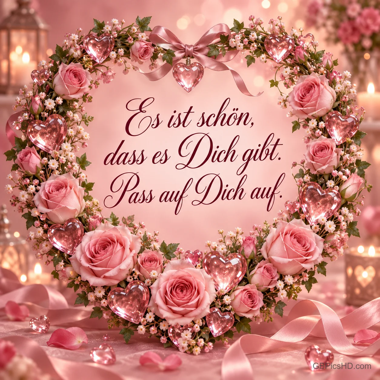 Herzförmiger Kranz aus rosa Rosen und Glasherzen mit dem Spruch "Es ist schön, dass es Dich gibt. Pass auf Dich auf." Herzförmiger Kranz aus rosa Rosen und Glasherzen mit dem Spruch "Es ist schön, dass es Dich gibt. Pass auf Dich auf."