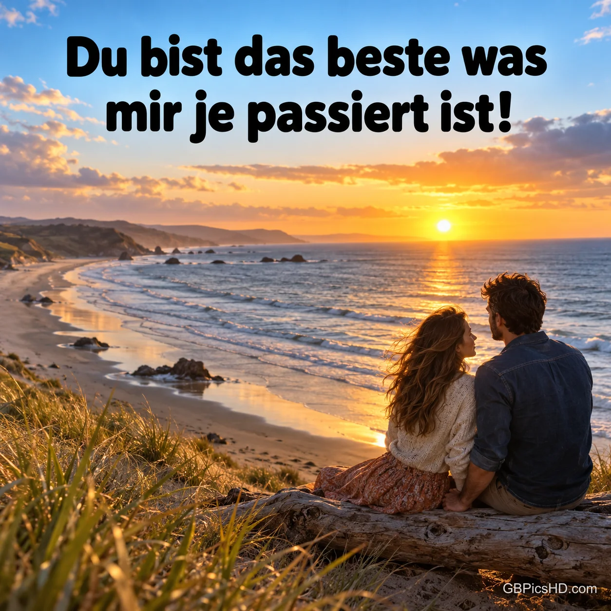 Ein Paar sitzt bei Sonnenuntergang am Strand mit dem Text "Du bist das beste was mir je passiert ist!" Ein Paar sitzt bei Sonnenuntergang am Strand mit dem Text "Du bist das beste was mir je passiert ist!"