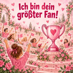 Illustrierte jubelnde Fans mit rosa Pokal und Fahnen und dem Text "Ich bin dein größter Fan!"