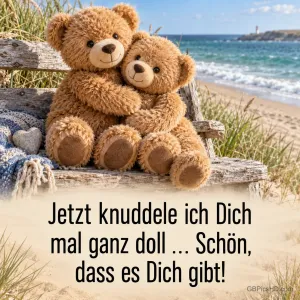 Zwei kuschelnde Teddybären auf einer Bank am Meer mit dem Spruch "Jetzt knuddele ich Dich mal ganz doll ... Schön, dass es Dich gibt!"