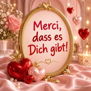 Goldener Herzrahmen zwischen roten Herzen und Rosen mit dem Text "Merci, dass es Dich gibt!"
