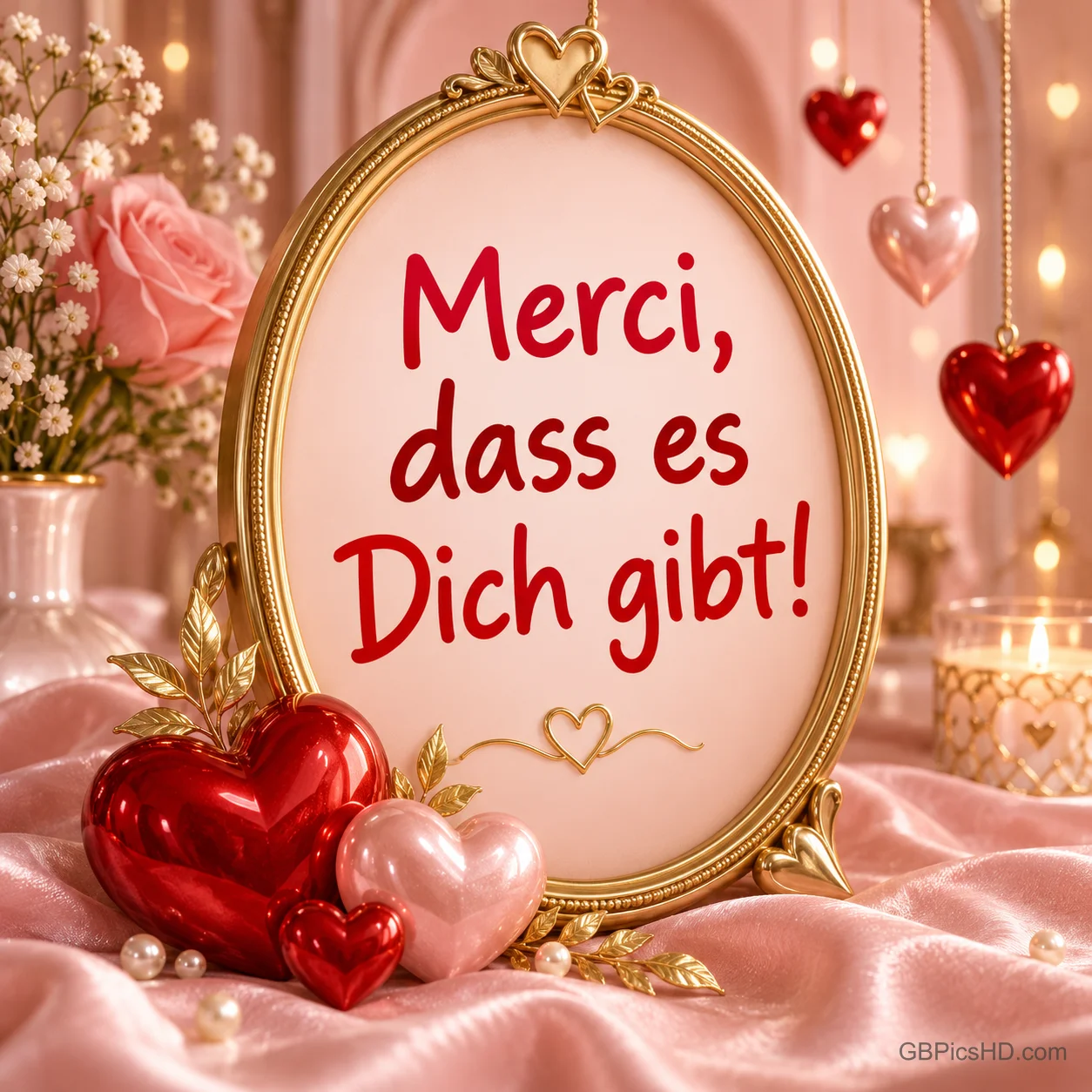 Goldener Herzrahmen zwischen roten Herzen und Rosen mit dem Text "Merci, dass es Dich gibt!" Goldener Herzrahmen zwischen roten Herzen und Rosen mit dem Text "Merci, dass es Dich gibt!"