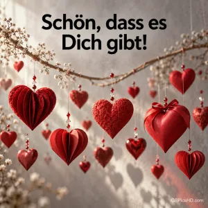 Rote Papierherzen hängen an einem Blütenzweig mit dem Text "Schön, dass es Dich gibt!"