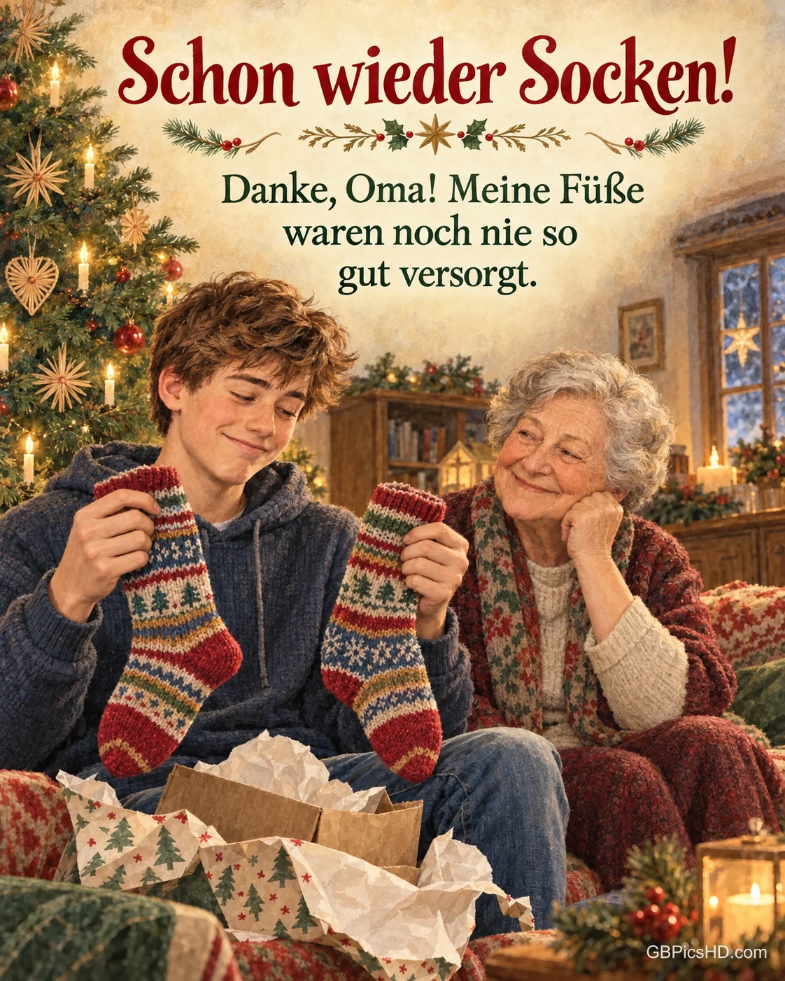Ein Jugendlicher hält schief lächelnd selbstgestrickte Socken hoch, seine Großmutter strahlt stolz daneben, dazu "Schon wieder Socken!". Ein Jugendlicher hält schief lächelnd selbstgestrickte Socken hoch, seine Großmutter strahlt stolz daneben, dazu "Schon wieder Socken!".