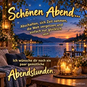 Auf einer Terrasse am See leuchten Kerzen neben einem Sofa im Abendlicht: "Schönen Abend...".