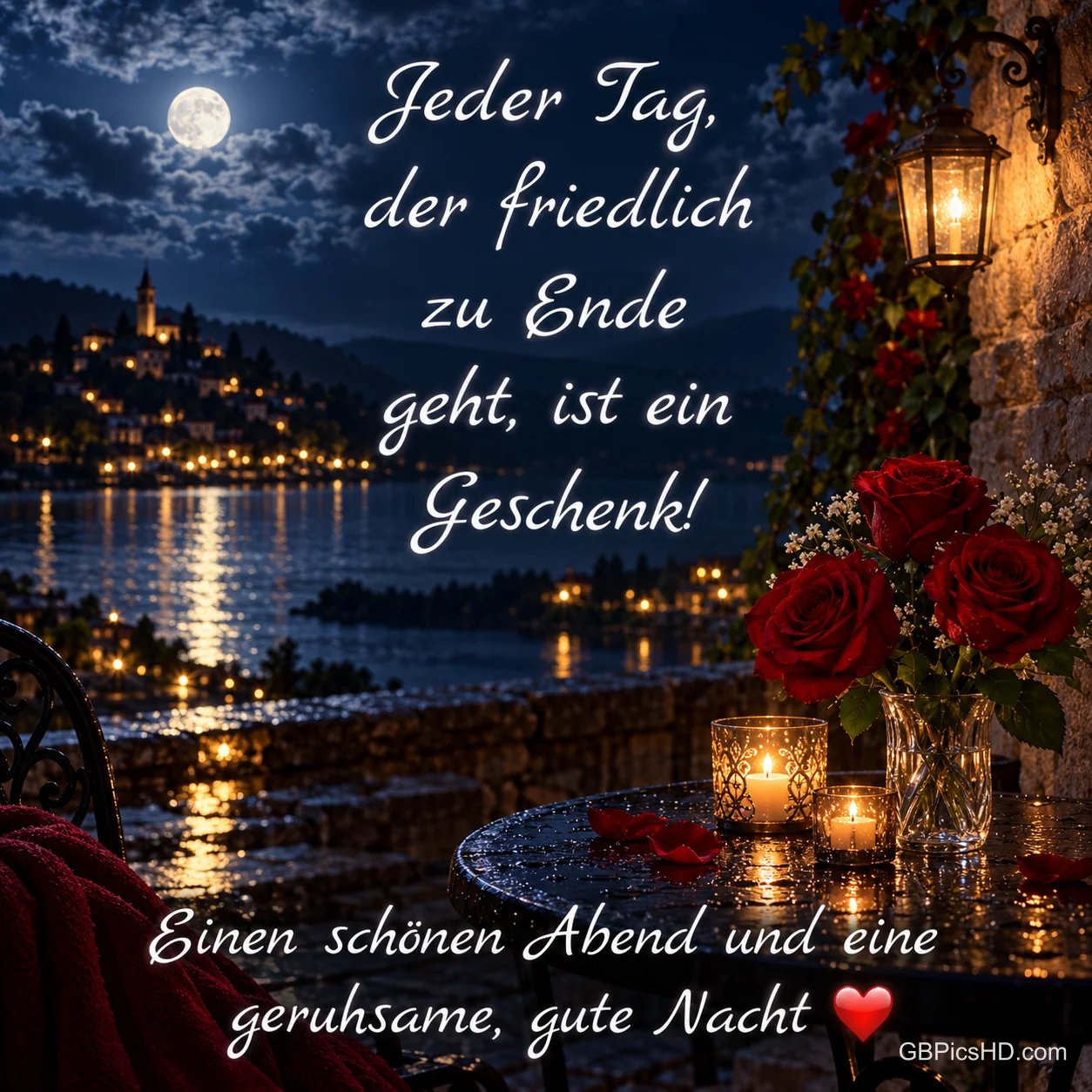 Rote Rosen und Kerzen stehen auf einem Tisch am See im Mondlicht: "Jeder Tag, der friedlich zu Ende geht, ist ein Geschenk!".