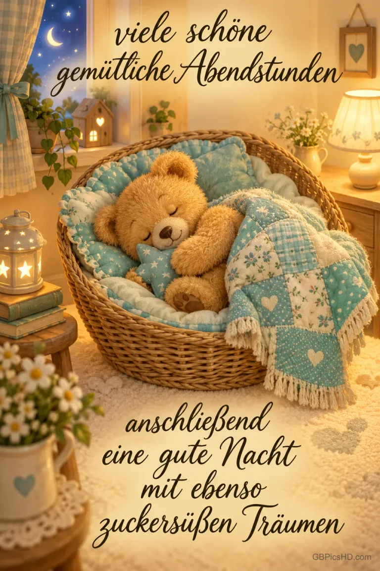 Ein Teddy schläft unter blauer Decke im Korb: "Viele schöne gemütliche Abendstunden anschließend eine gute Nacht mit ebenso zuckersüßen Träumen".