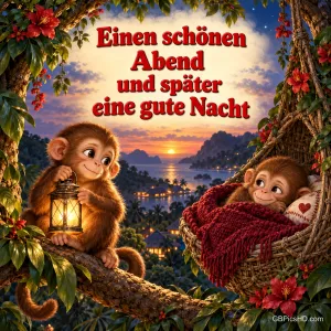 Ein Affe hält eine Laterne, ein zweiter liegt zugedeckt im Hängekorb: "Einen schönen Abend und später eine gute Nacht".