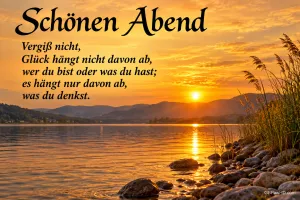 Die Sonne geht über einem See mit Bergen, Steinen und Schilf unter; darüber steht "Schönen Abend".