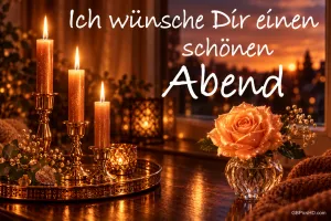 Drei Kerzen und eine orange Rose im Glas stehen am Fenster mit Abendhimmel: "Ich wünsche Dir einen schönen Abend".