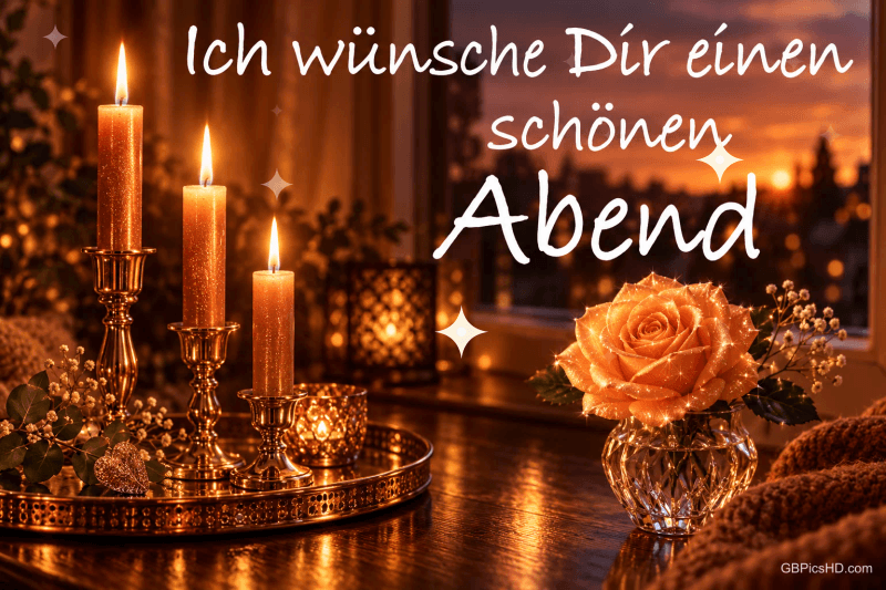 Drei Kerzen und eine orange Rose im Glas stehen am Fenster mit Abendhimmel: "Ich wünsche Dir einen schönen Abend".