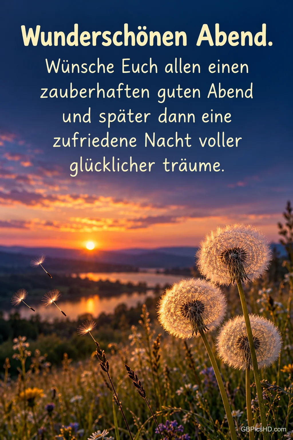 Pusteblumen und fliegende Samen leuchten vor einem See im Sonnenuntergang; oben steht "Wunderschönen Abend.".