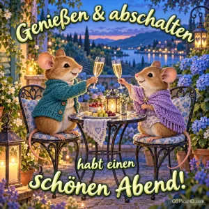 Zwei Mäuse stoßen auf einer blumengeschmückten Terrasse mit Sekt an; darüber steht "Genießen & abschalten".