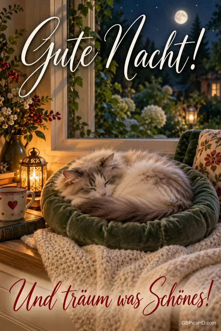 Eine flauschige Katze schläft im grünen Körbchen vor einem Fenster mit Mondschein, dazu "Gute Nacht! Und träum was Schönes!".