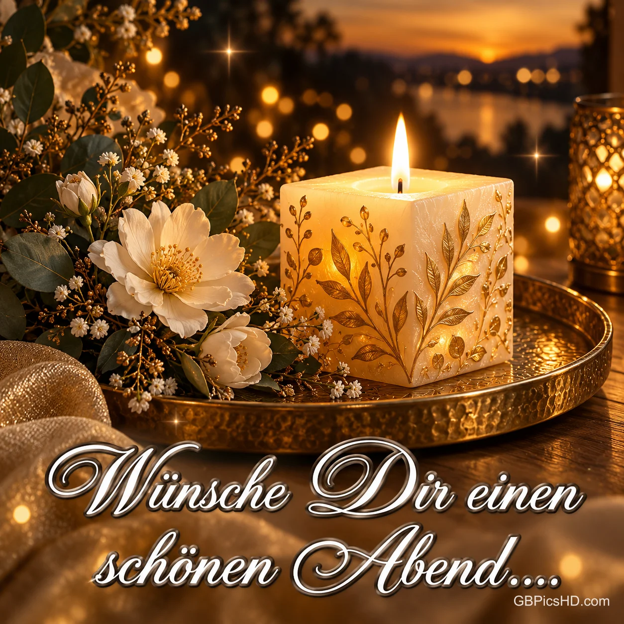 Eine eckige Kerze mit goldenem Blattdekor brennt neben weißen Blüten auf einem Tablett: "Wünsche Dir einen schönen Abend....".