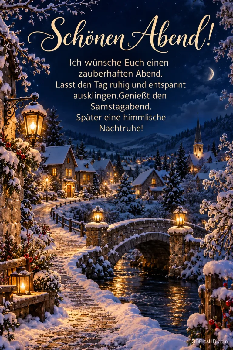 Laternen erhellen ein verschneites Dorf mit Steinbrücke über einem Bach; darüber steht "Schönen Abend!".