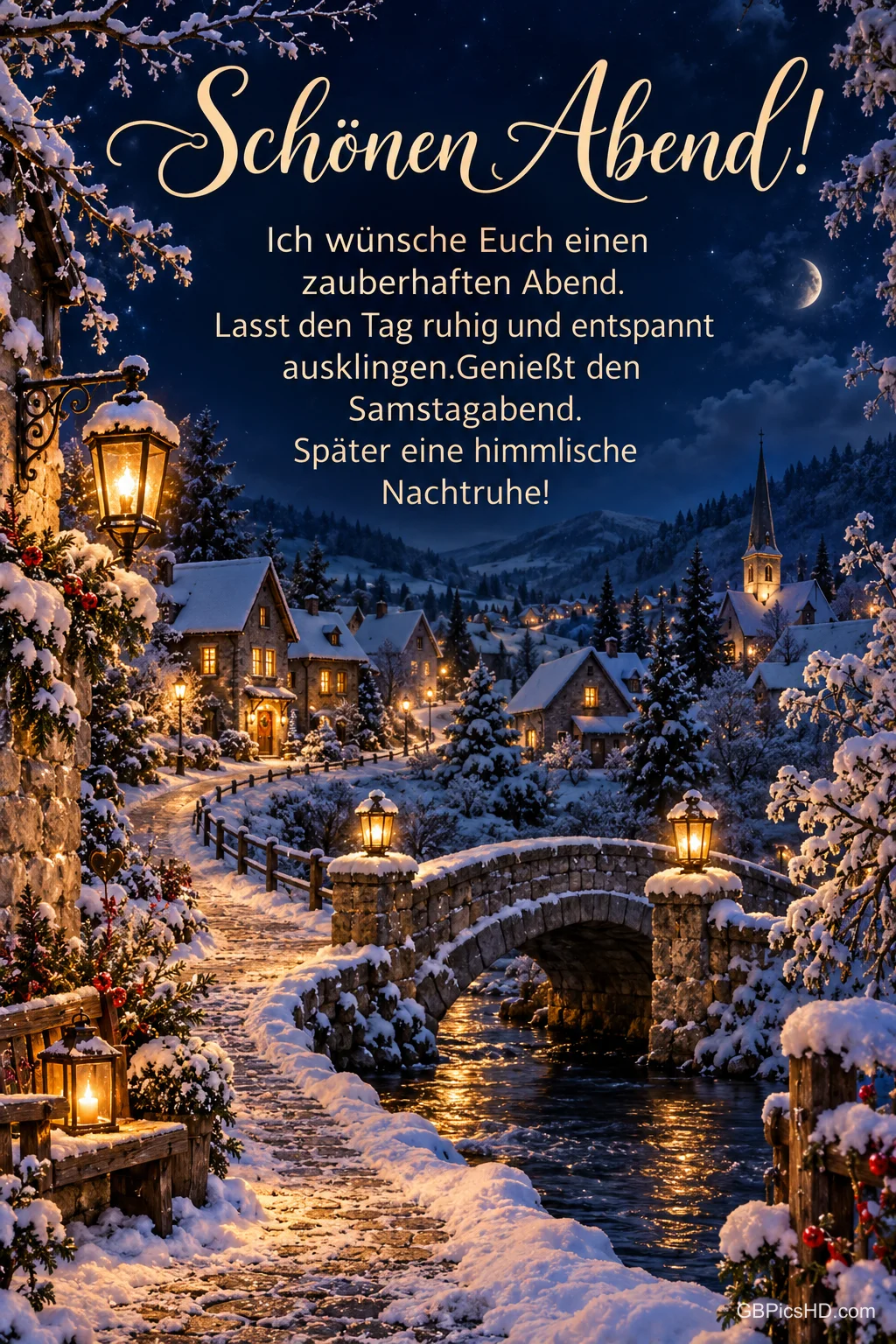 Laternen erhellen ein verschneites Dorf mit Steinbrücke über einem Bach; darüber steht "Schönen Abend!". Laternen erhellen ein verschneites Dorf mit Steinbrücke über einem Bach; darüber steht "Schönen Abend!".