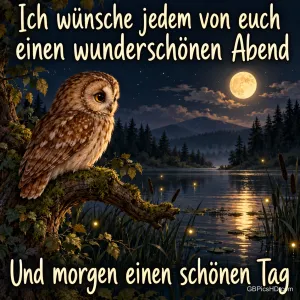 Eine Eule sitzt am See im Mondlicht mit dem Gruß "Ich wünsche jedem von euch einen wunderschönen Abend".