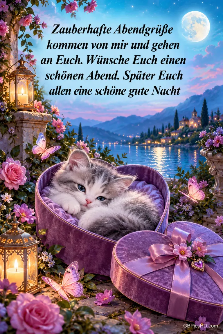 Ein Kätzchen liegt in einer violetten Herzschachtel zwischen Blumen und Laternen mit dem Gruß "Zauberhafte Abendgrüße".