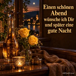 Gelbe Rosen, eine Glaskaraffe und Kerzenlicht begleiten den Gruß "Einen schönen Abend wünsche ich Dir und später eine gute Nacht".