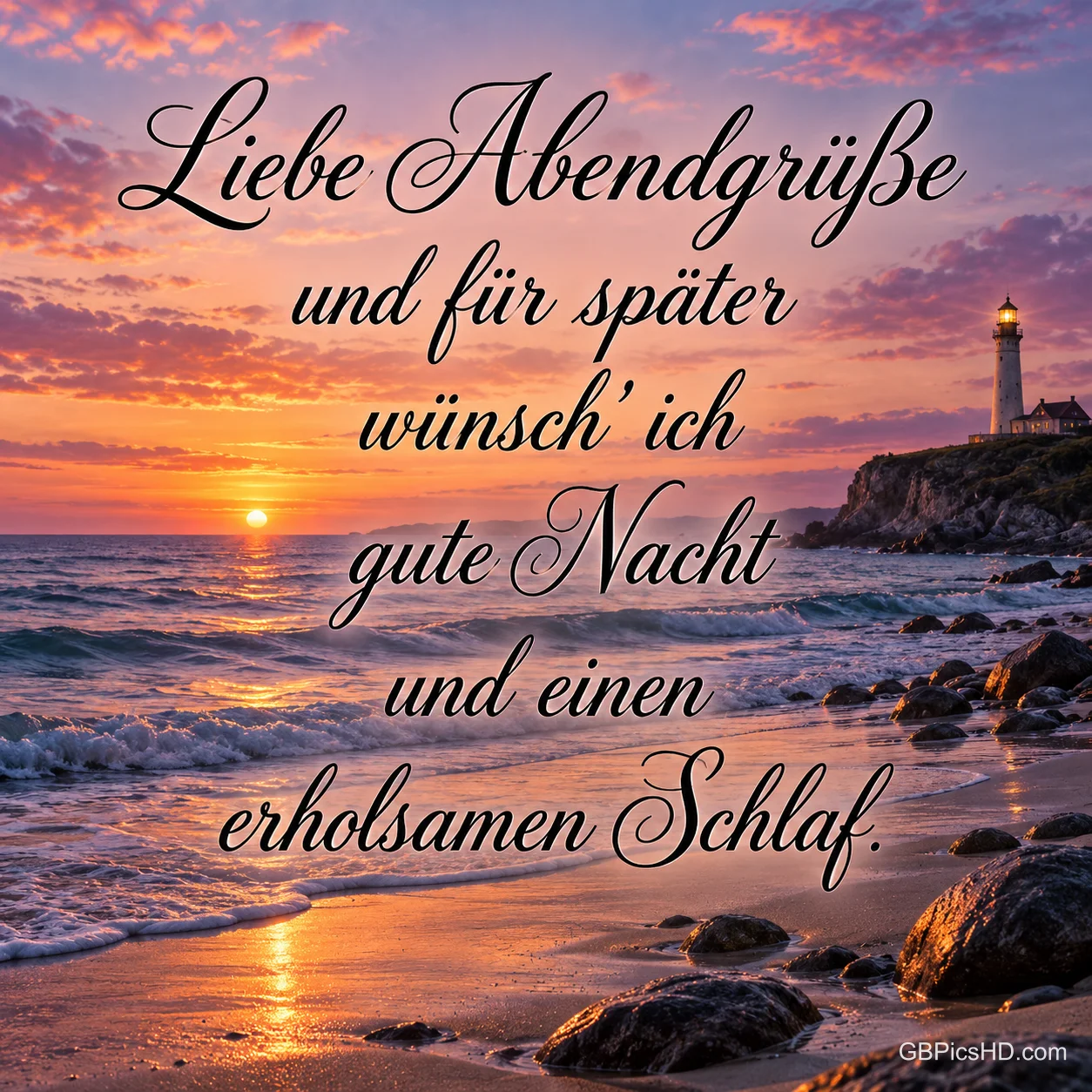 Wellen rollen bei Sonnenuntergang an einen felsigen Strand mit Leuchtturm und dem Gruß "Liebe Abendgrüße". Wellen rollen bei Sonnenuntergang an einen felsigen Strand mit Leuchtturm und dem Gruß "Liebe Abendgrüße".