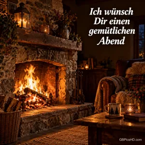 Ein Kaminfeuer, Kerzen und ein Sessel mit Decke begleiten den Gruß "Ich wünsch Dir einen gemütlichen Abend".