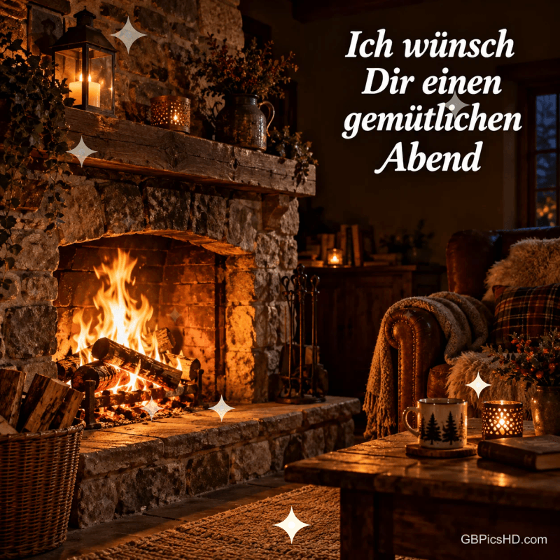 Ein Kaminfeuer, Kerzen und ein Sessel mit Decke begleiten den Gruß "Ich wünsch Dir einen gemütlichen Abend".