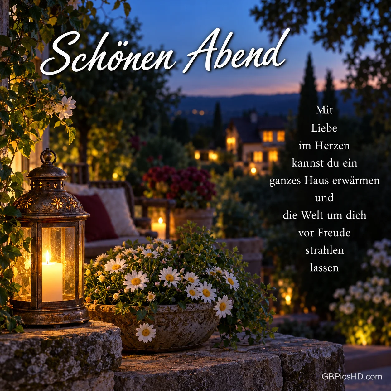 Eine leuchtende Laterne steht neben weißen Blumen auf einer Steinmauer im Garten mit dem Gruß "Schönen Abend". Eine leuchtende Laterne steht neben weißen Blumen auf einer Steinmauer im Garten mit dem Gruß "Schönen Abend".