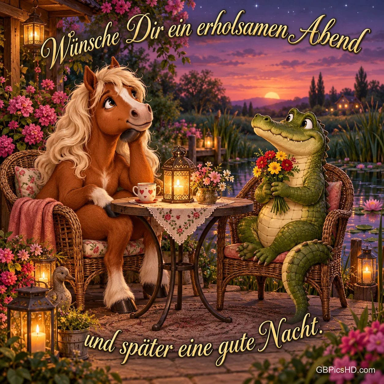 Ein Pferd und ein Krokodil sitzen am Tisch am Teich mit dem Gruß "Wünsche Dir einen erholsamen Abend und später eine gute Nacht.".