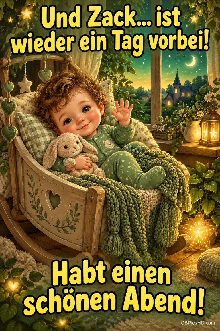 Ein Kleinkind im grünen Schlafanzug winkt mit einem Stoffhasen im Schaukelstuhl zum Gruß "Habt einen schönen Abend!".