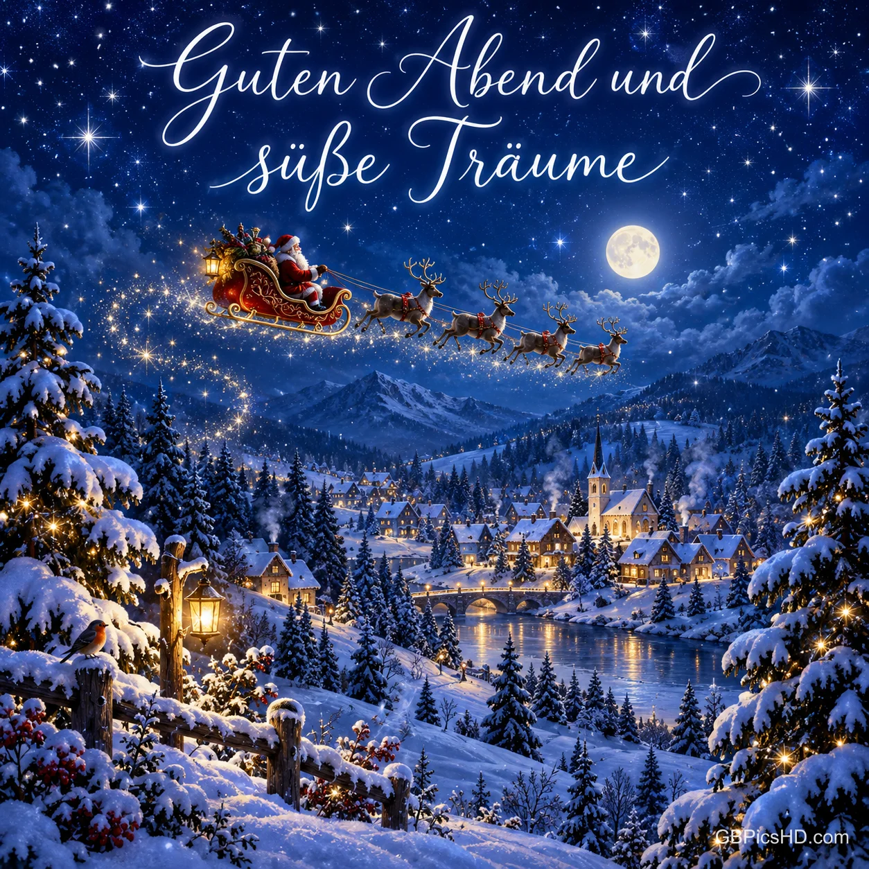 Der Weihnachtsmann fliegt mit Rentierschlitten über ein verschneites Dorf unter dem Gruß "Guten Abend und süße Träume".