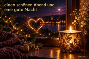 Eine Kerze leuchtet am Fenster neben einem funkelnden Herz und dem Gruß "Einen schönen Abend und eine gute Nacht".