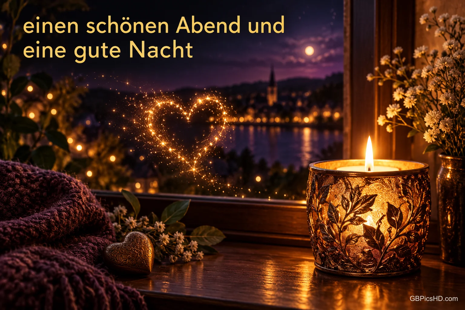 Eine Kerze leuchtet am Fenster neben einem funkelnden Herz und dem Gruß "Einen schönen Abend und eine gute Nacht".