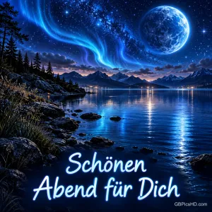 Nordlicht und ein großer Mond über einem Bergsee mit dem Gruß "Schönen Abend für Dich".