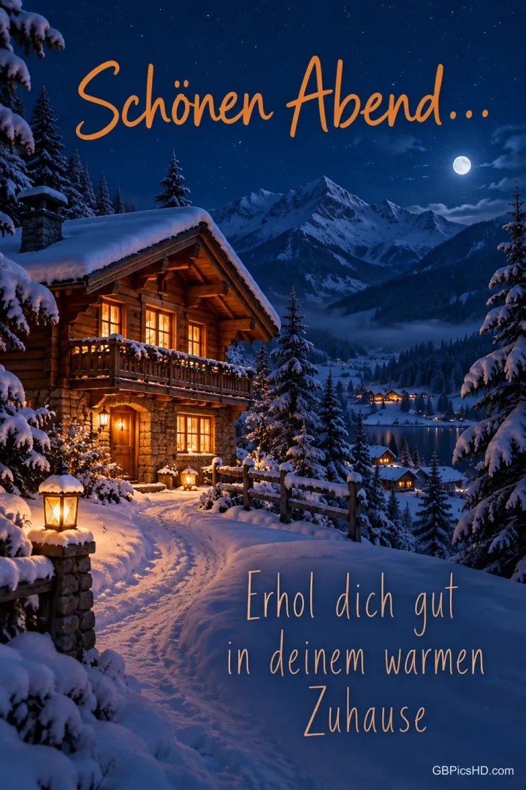 Ein beleuchtetes Holzhaus steht im Schnee vor Bergen unter dem Mond: "Schönen Abend... Erhol dich gut in deinem warmen Zuhause".