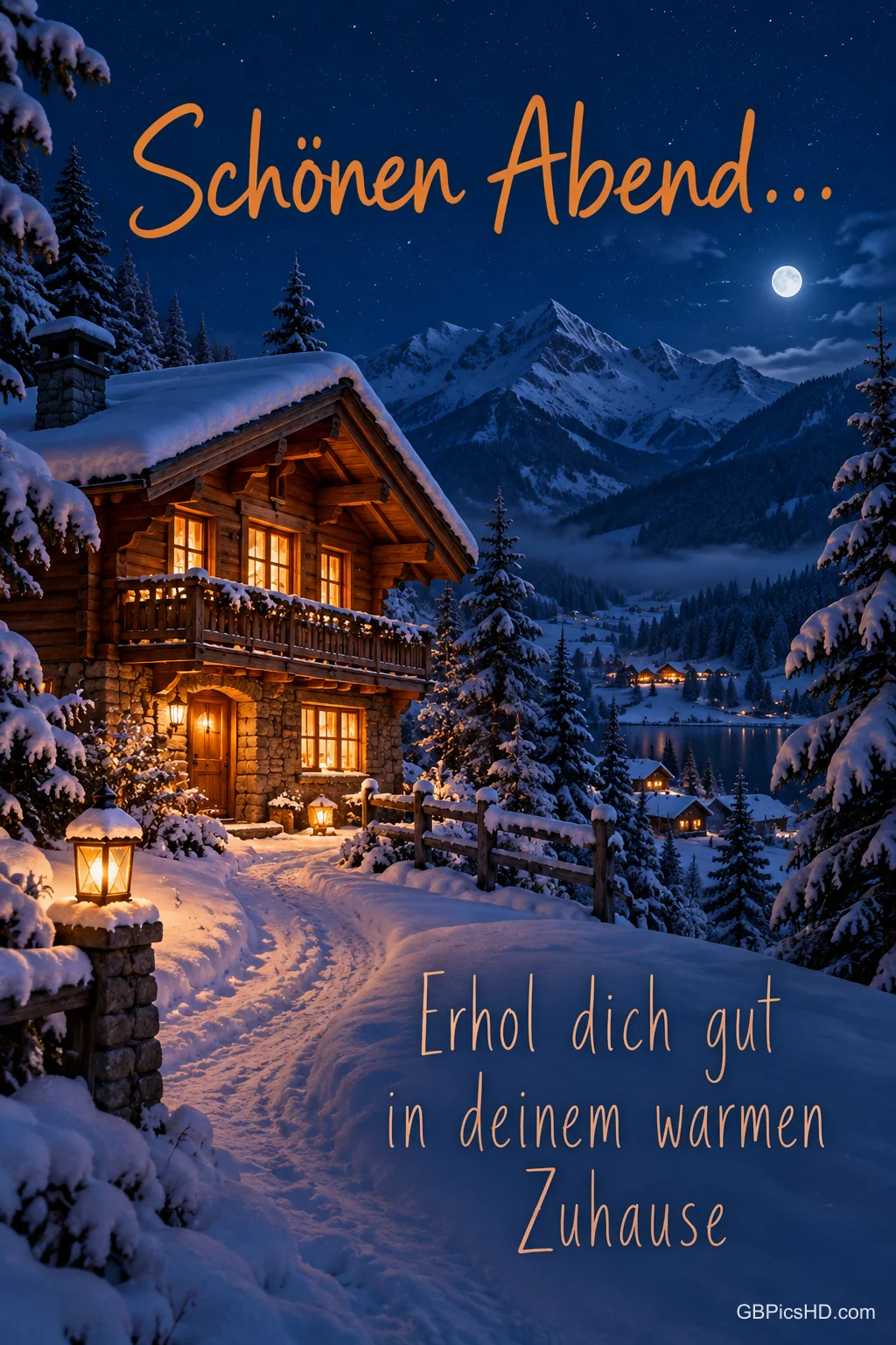 Ein beleuchtetes Holzhaus steht im Schnee vor Bergen unter dem Mond: "Schönen Abend... Erhol dich gut in deinem warmen Zuhause".