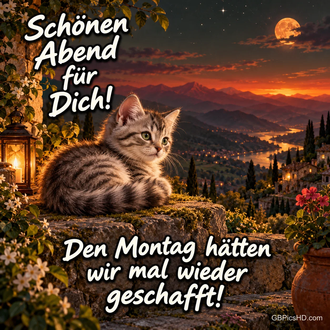 Ein Kätzchen sitzt bei Laternenlicht vor einer Berglandschaft: "Schönen Abend für Dich! Den Montag hätten wir mal wieder geschafft!".