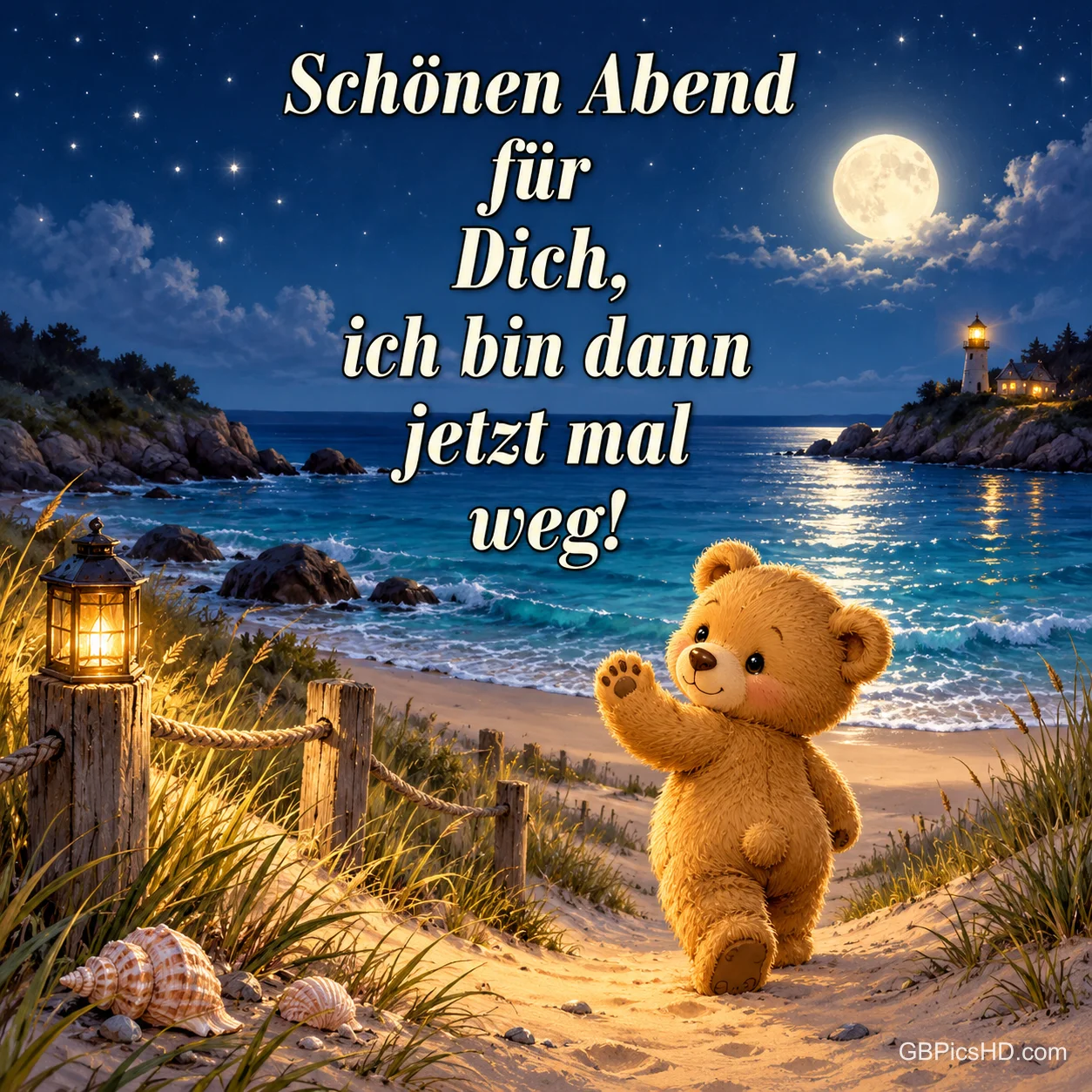 Ein winkender Teddybär am Strand bei Mondschein mit dem Gruß "Schönen Abend für Dich, ich bin dann jetzt mal weg!".