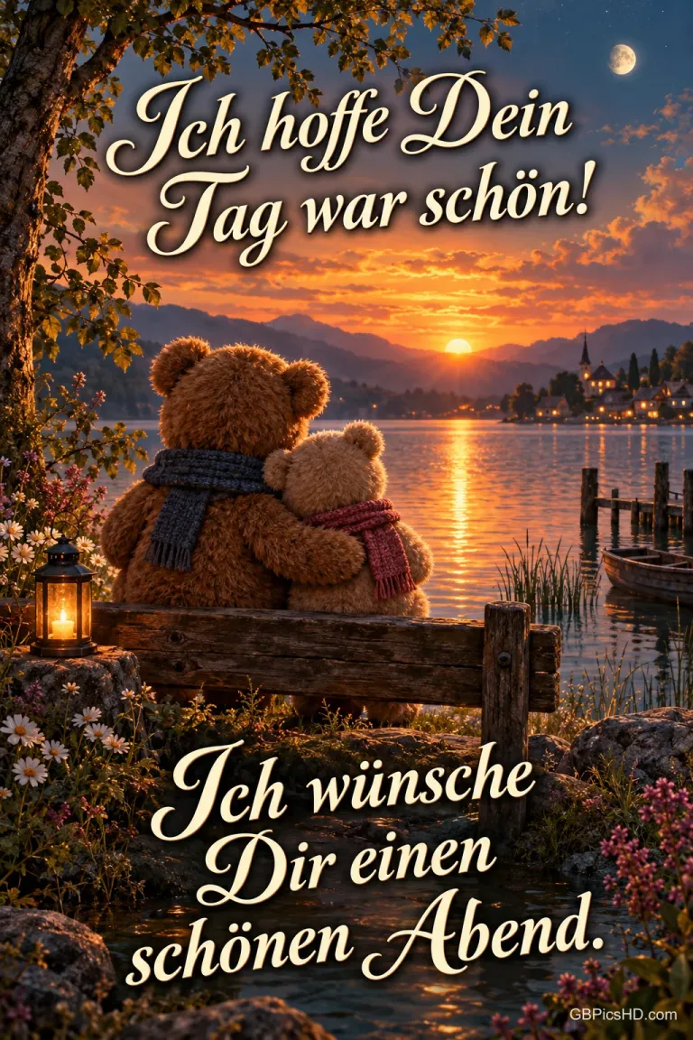 Zwei Teddybären sitzen eng beieinander am See im Sonnenuntergang mit dem Gruß "Ich hoffe Dein Tag war schön!".